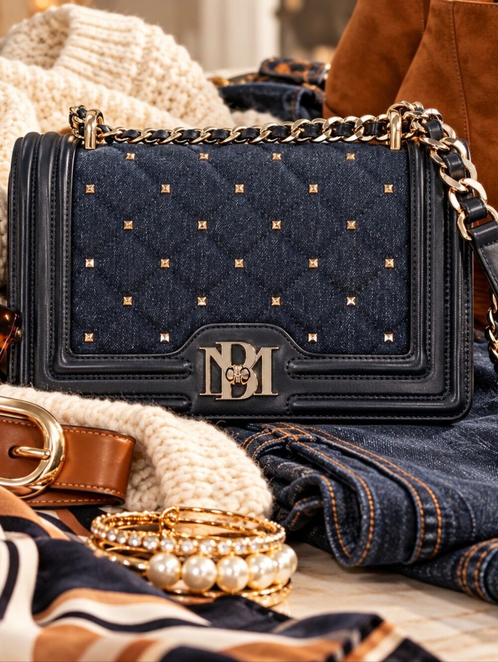 Badgley Mischka BM-4149 Navy Denim Quilted Pearl Crossbody Handbag NWT